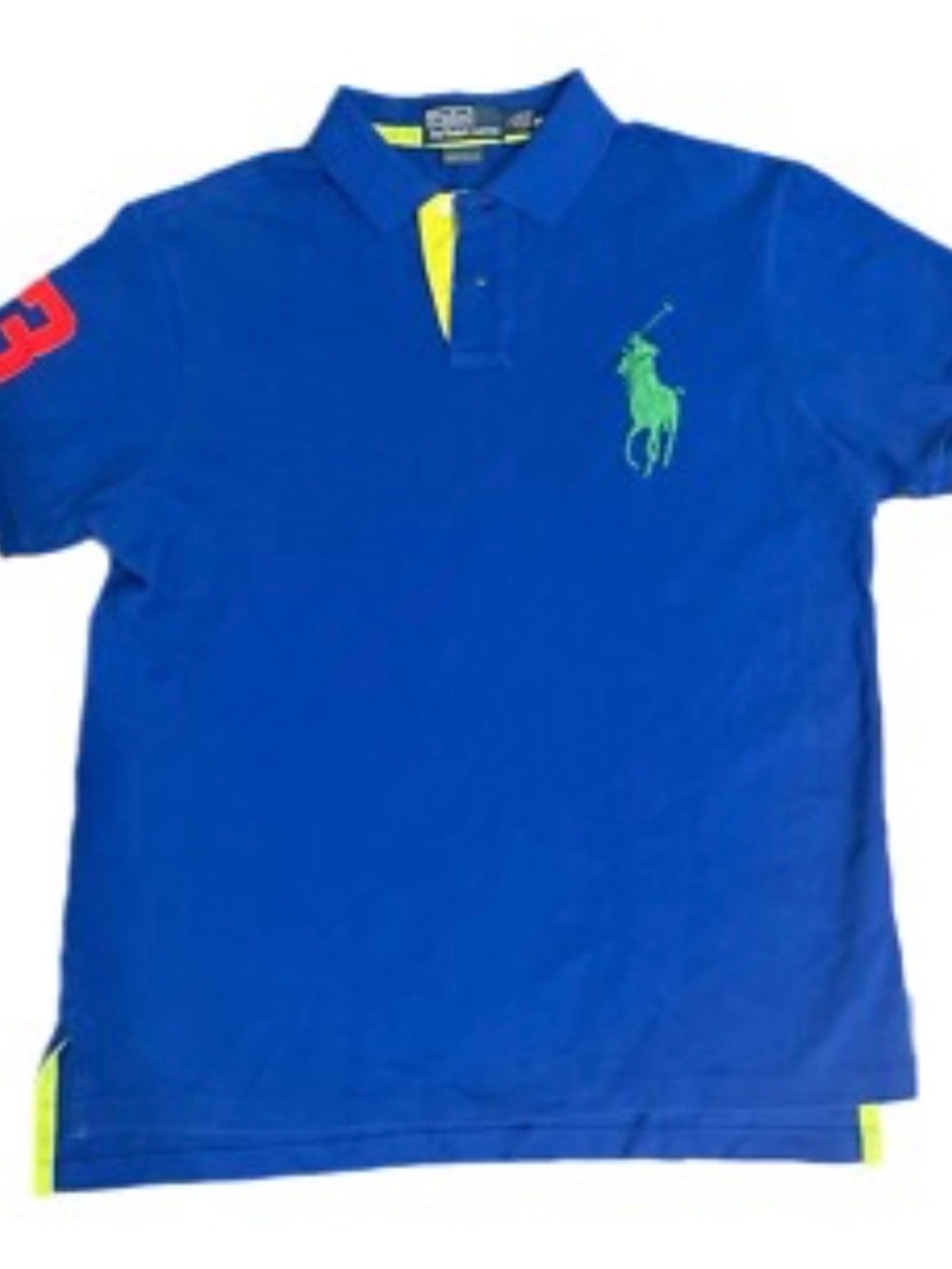 Ralph Lauren Royal Blue Polo with Lime Logo and Red Sleeve Detail